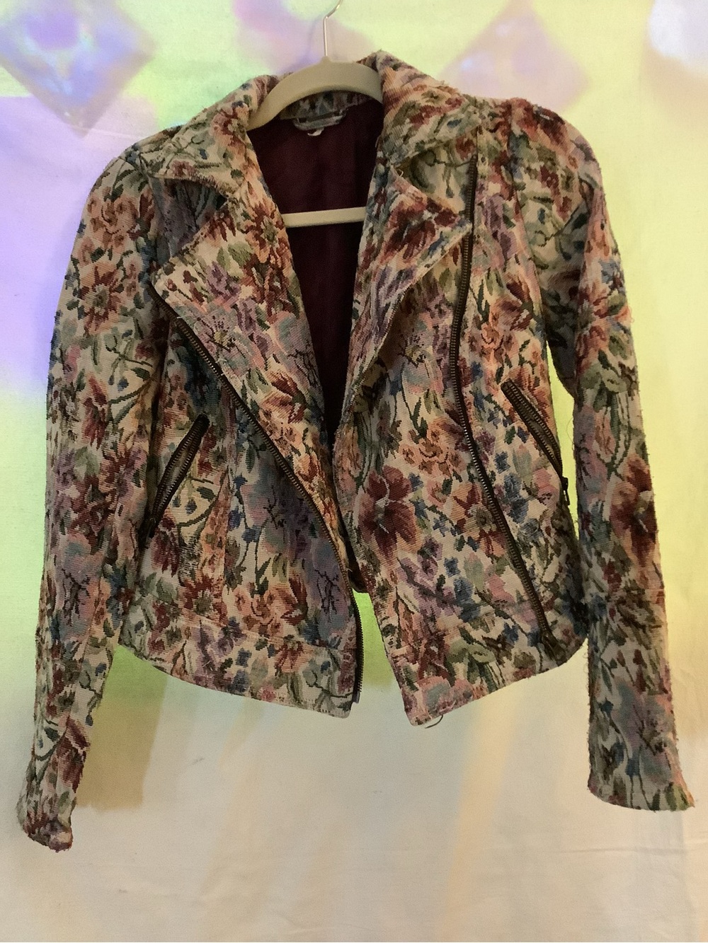Small Free People Floral Tapestry Moto Jacket in Pink Multi print